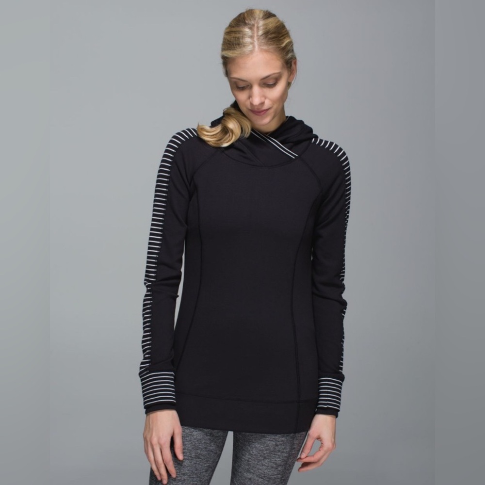 Lululemon Think Fast Hoodie Parallel Stripe Black White Rulu Cowl Neck